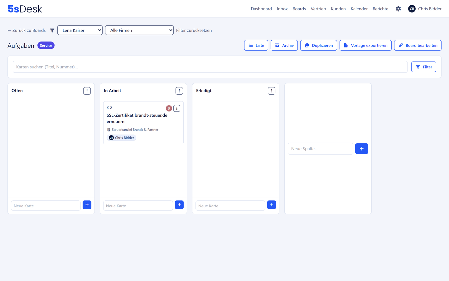 Kanban-Board mit Filterleiste