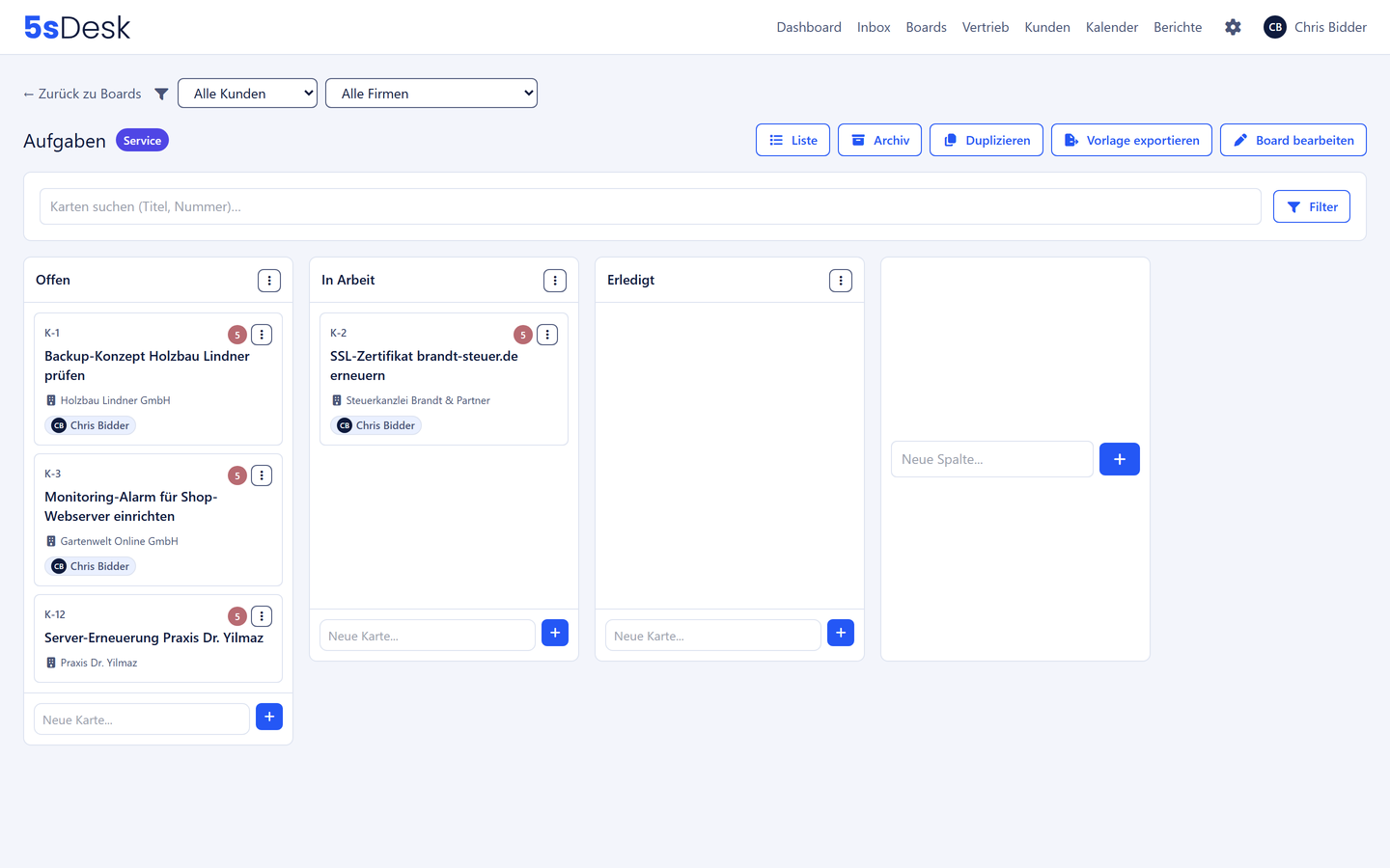 Kanban-Board in 5sDesk mit Karten aus Kundenanfragen