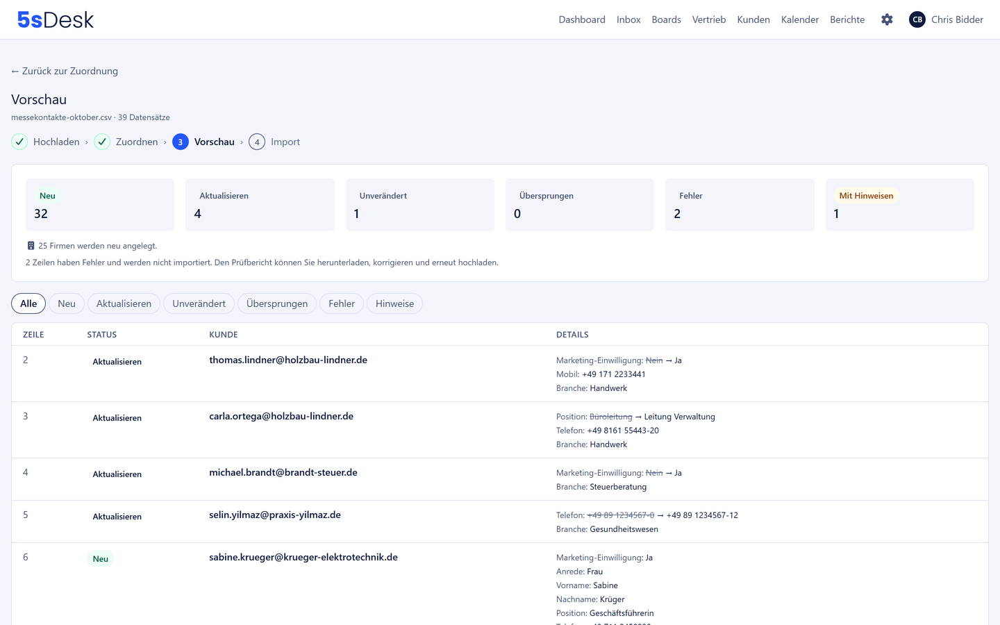 Vorschau eines CSV-Imports mit den Kacheln Neu, Aktualisieren, Unverändert, Fehler und den geplanten Änderungen je Zeile