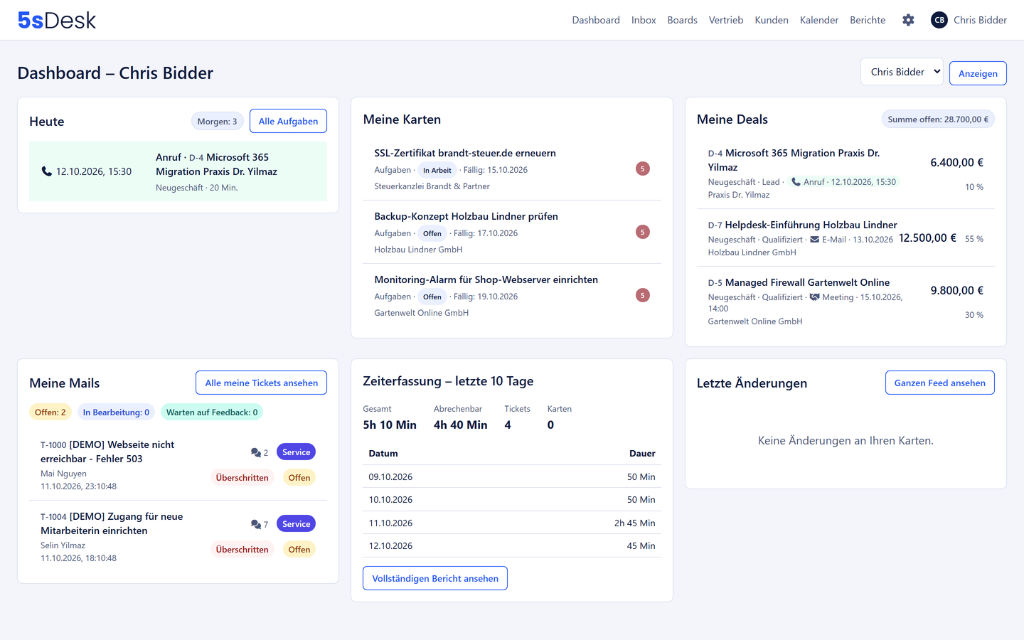 5sDesk-Dashboard mit Heute-Kachel, eigenen Karten, Deals, Mails und Zeiterfassung