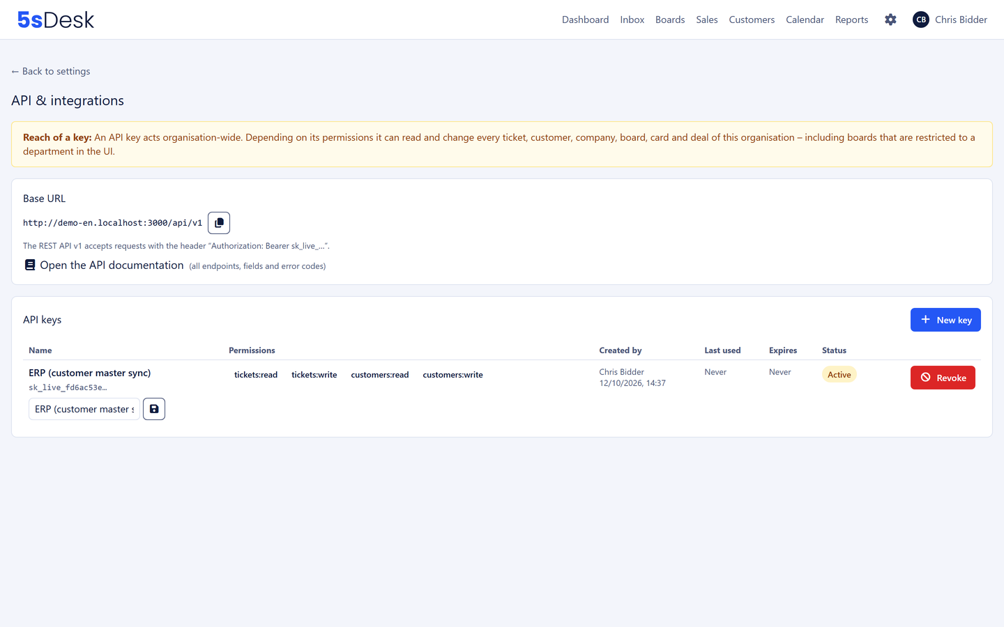 API keys with permissions and expiry, next to the link to the OpenAPI documentation