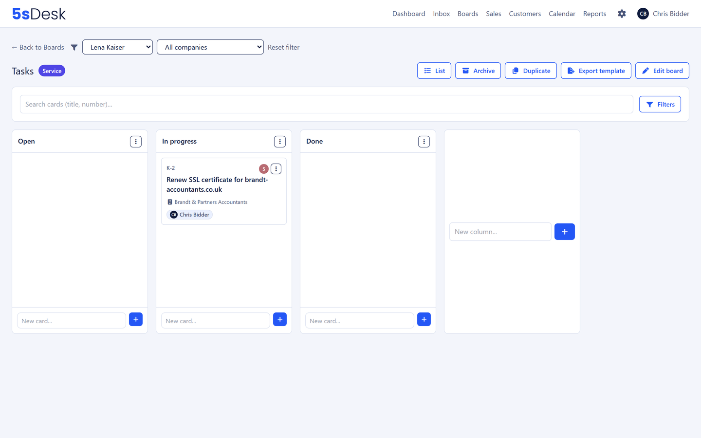 Kanban board with filter bar