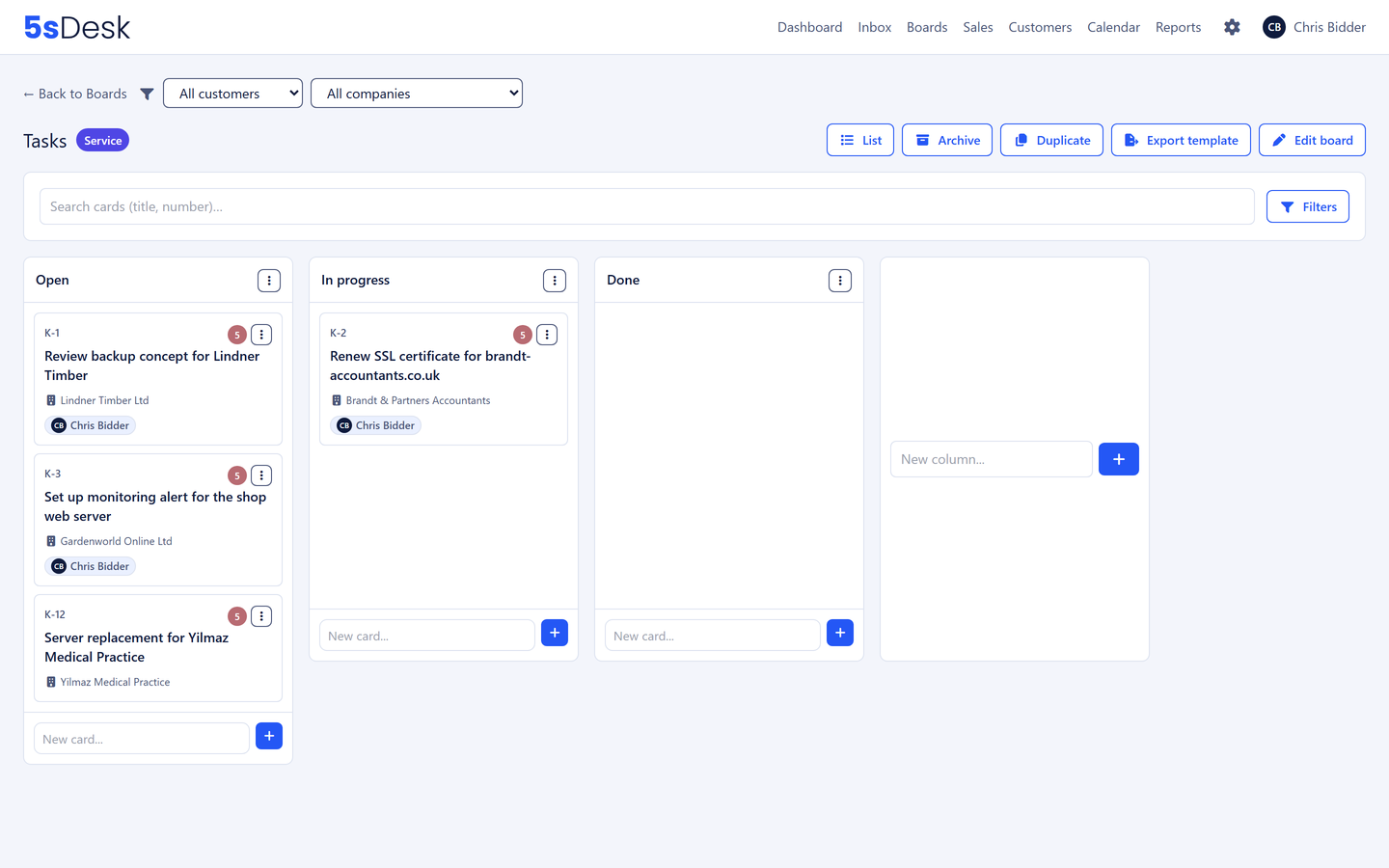 Kanban board with columns, card types and priorities