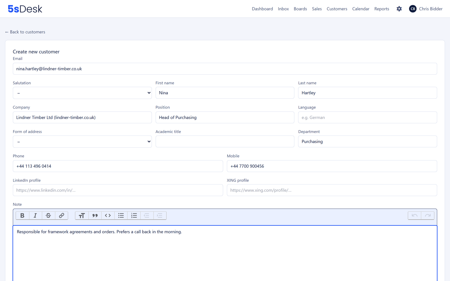 Form for creating a customer record