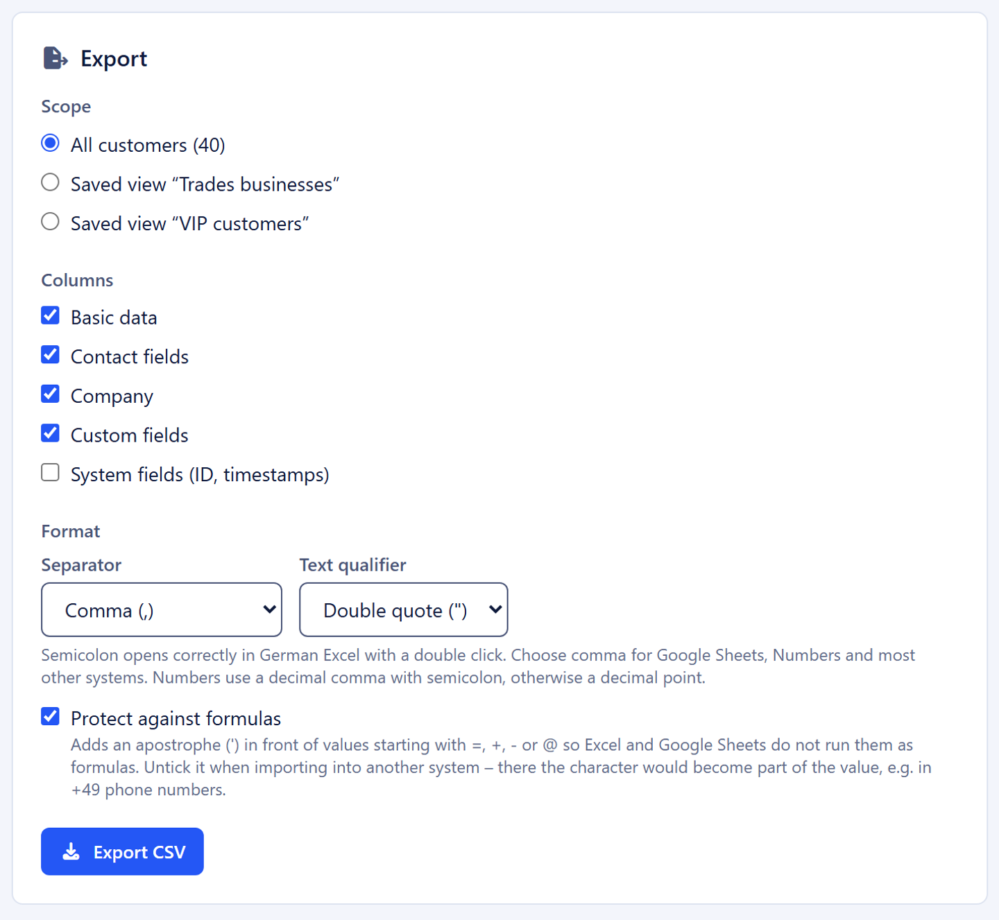 Export section with the scope including saved views, column groups, separator and protection against injected formulas