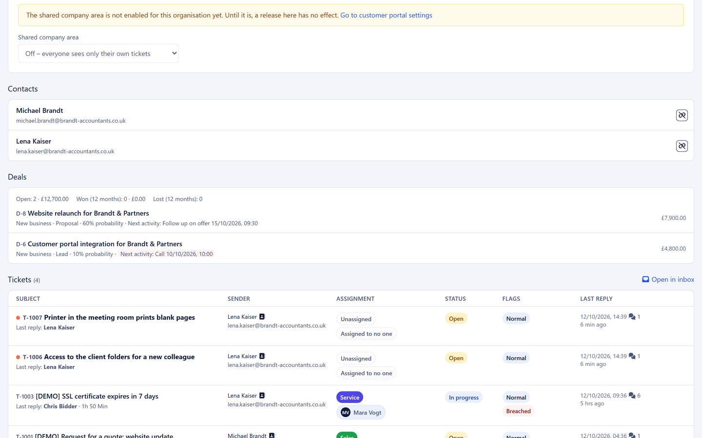 Company record with contacts and open deals