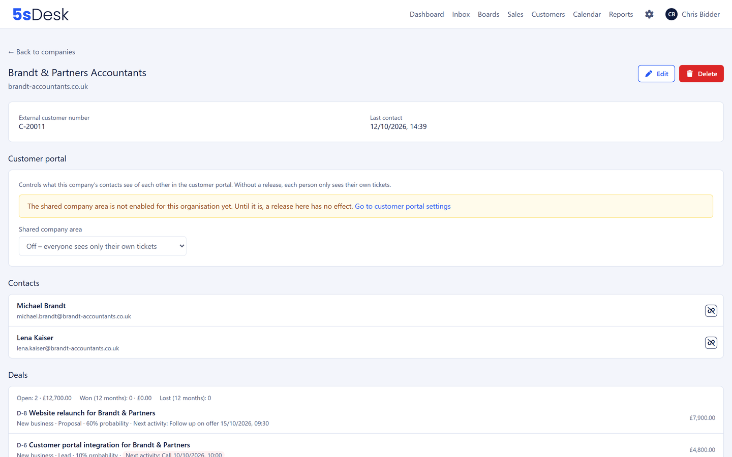 Company record of a business customer with contacts, tickets and deals