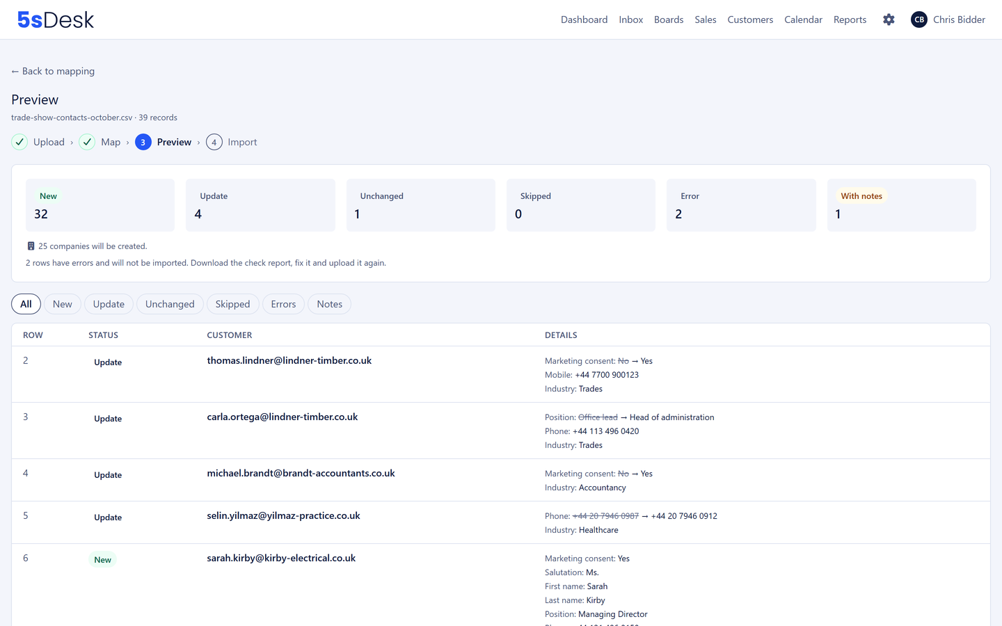 Preview of a CSV import with the tiles New, Update, Unchanged, Error and the planned changes for each row
