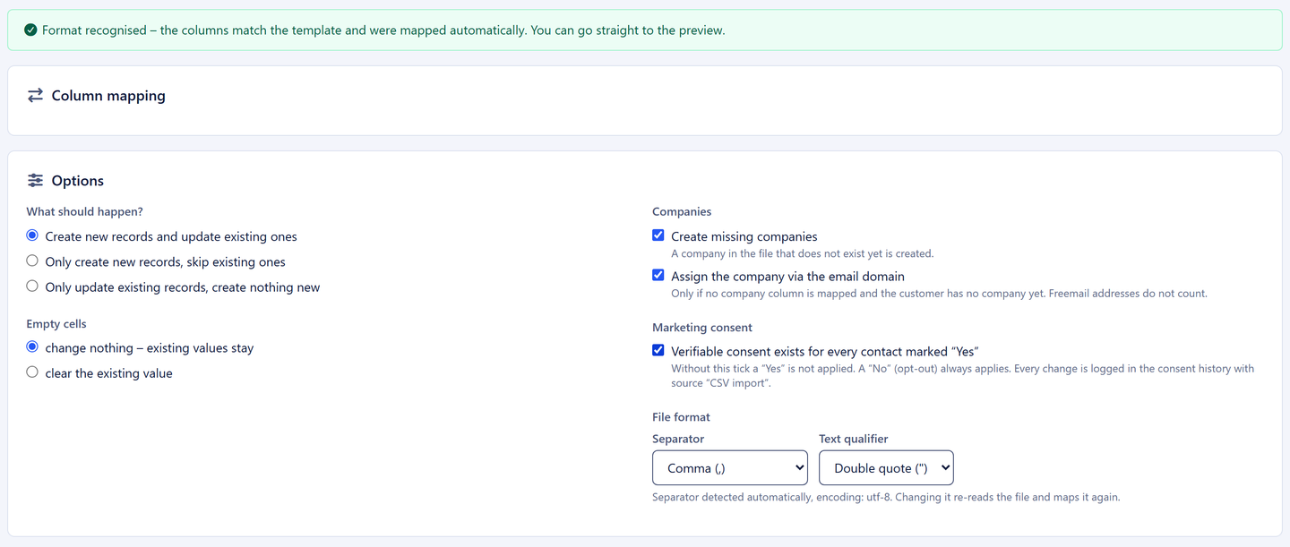 Column mapping with the “Format recognised” notice and the import options, including creating missing companies and confirmed marketing consent