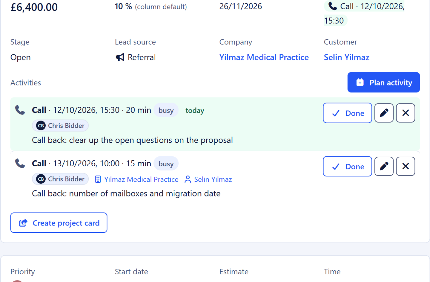 Deal with value, probability, next action and project card