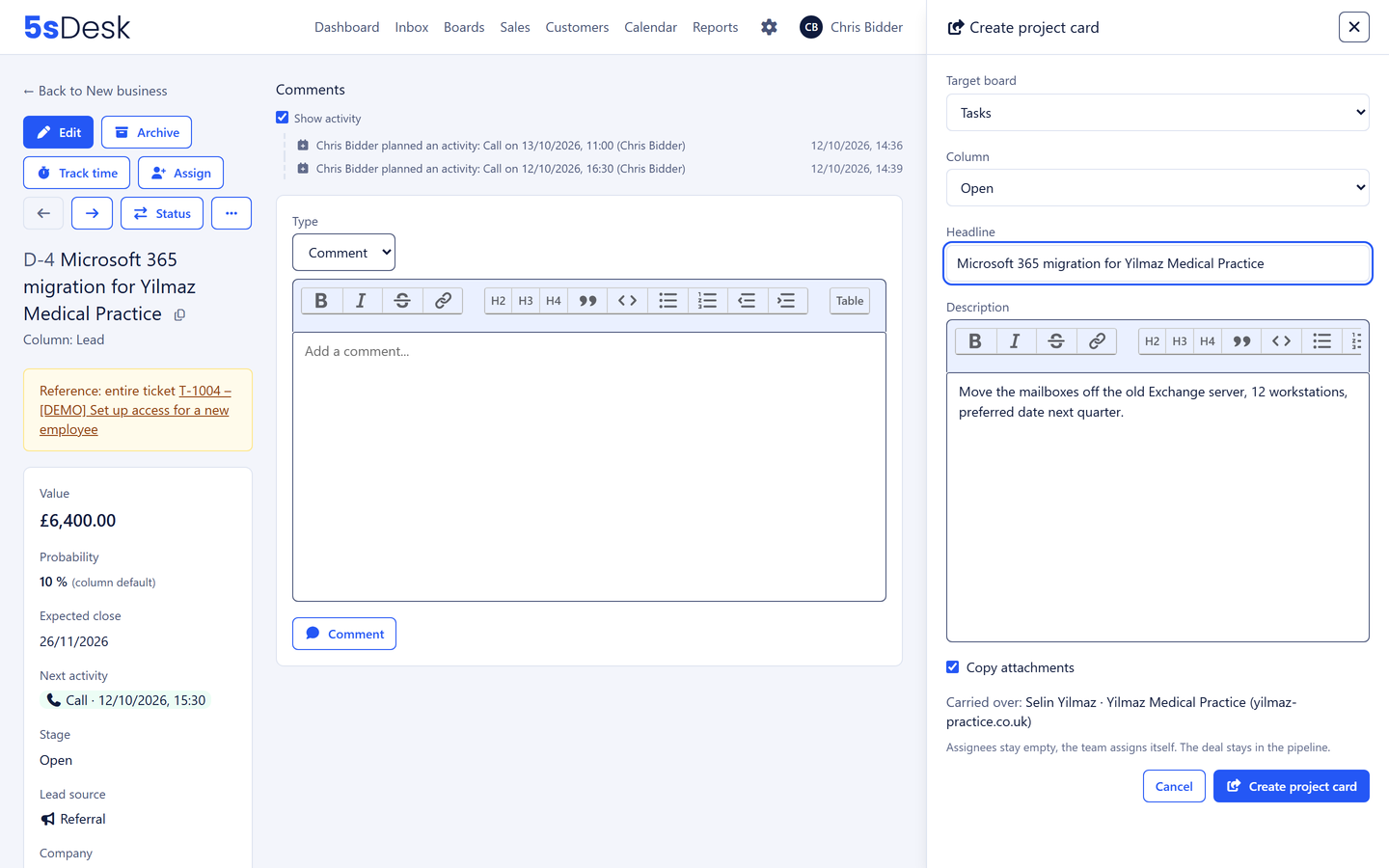 Creating a project card from a won deal