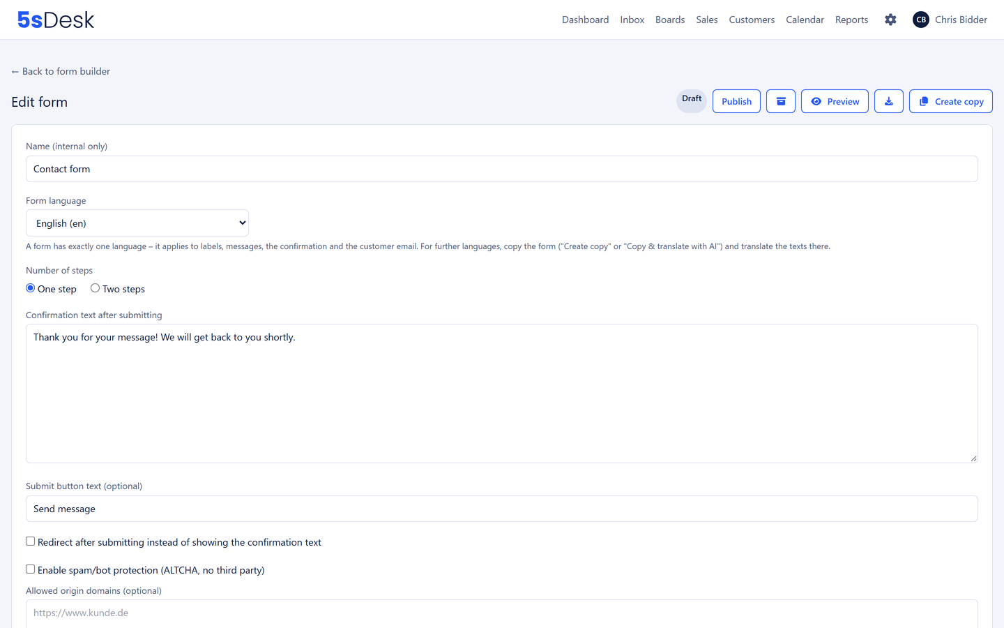 Form builder with fields, mapping to CRM fields and the choice of target