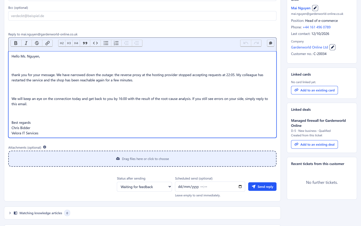 Reply box in the ticket