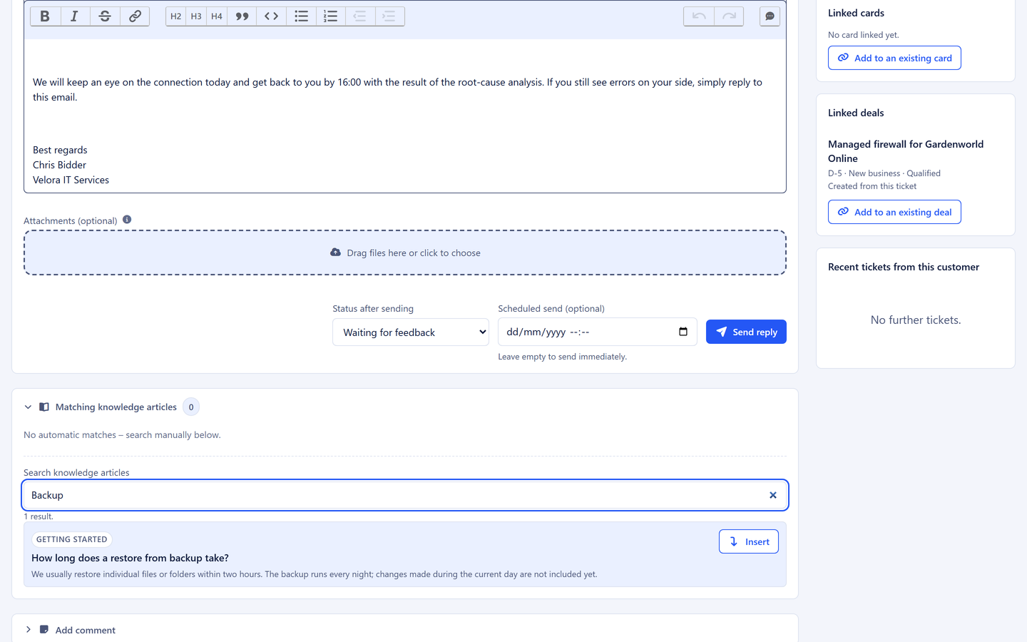 Article suggestions next to the reply box