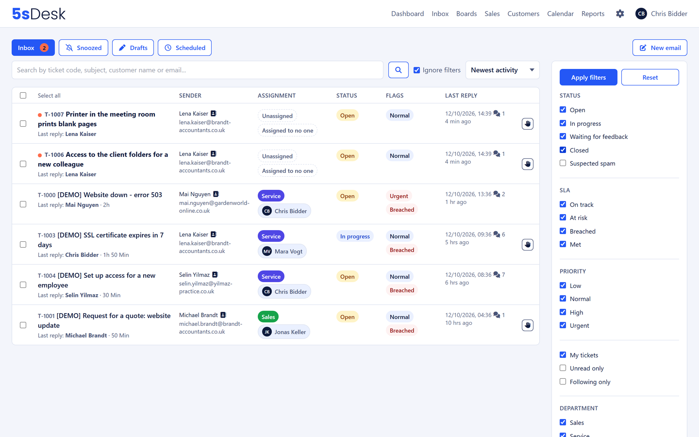 Inbox filtered by deadline state (on track, due soon, overdue)