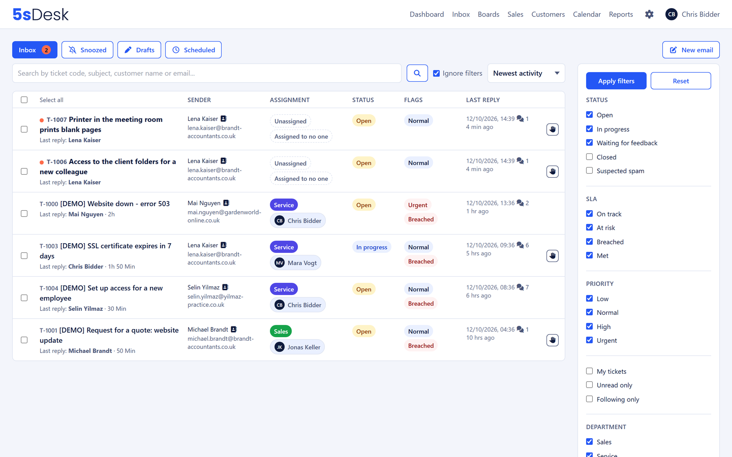 Inbox with client requests