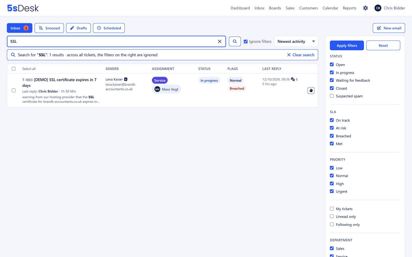 Full-text search in the inbox with hits across all tickets