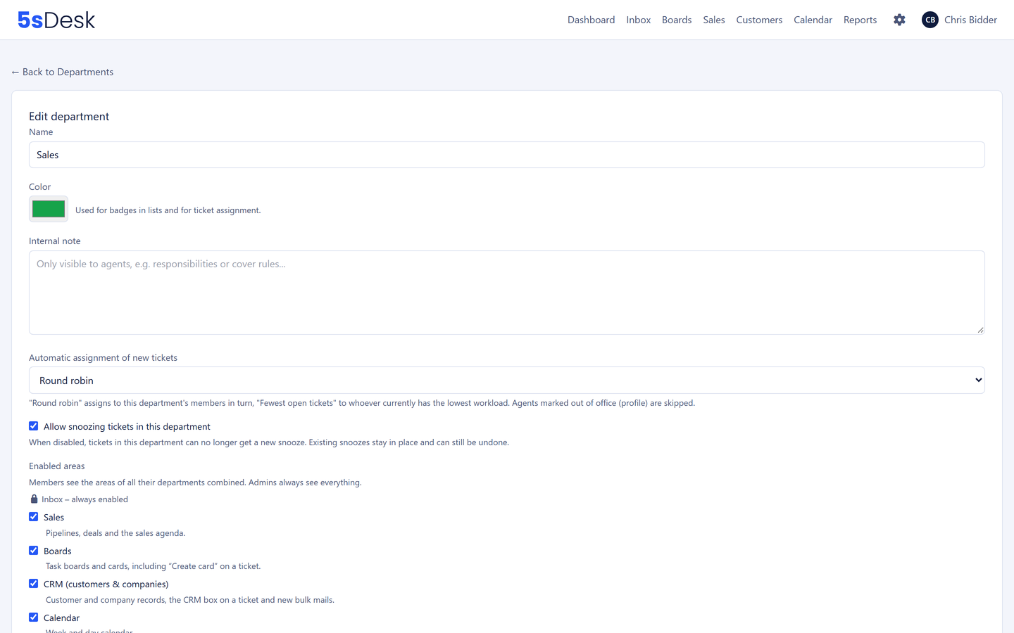 Settings for automatic assignment per department