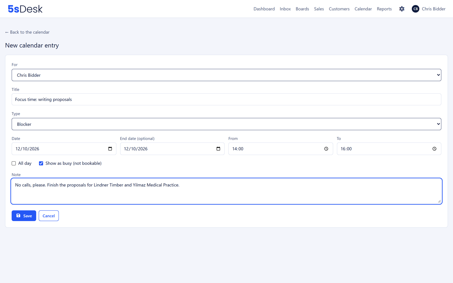 Your own calendar entry: blocker, leave or internal appointment, blocks the booking