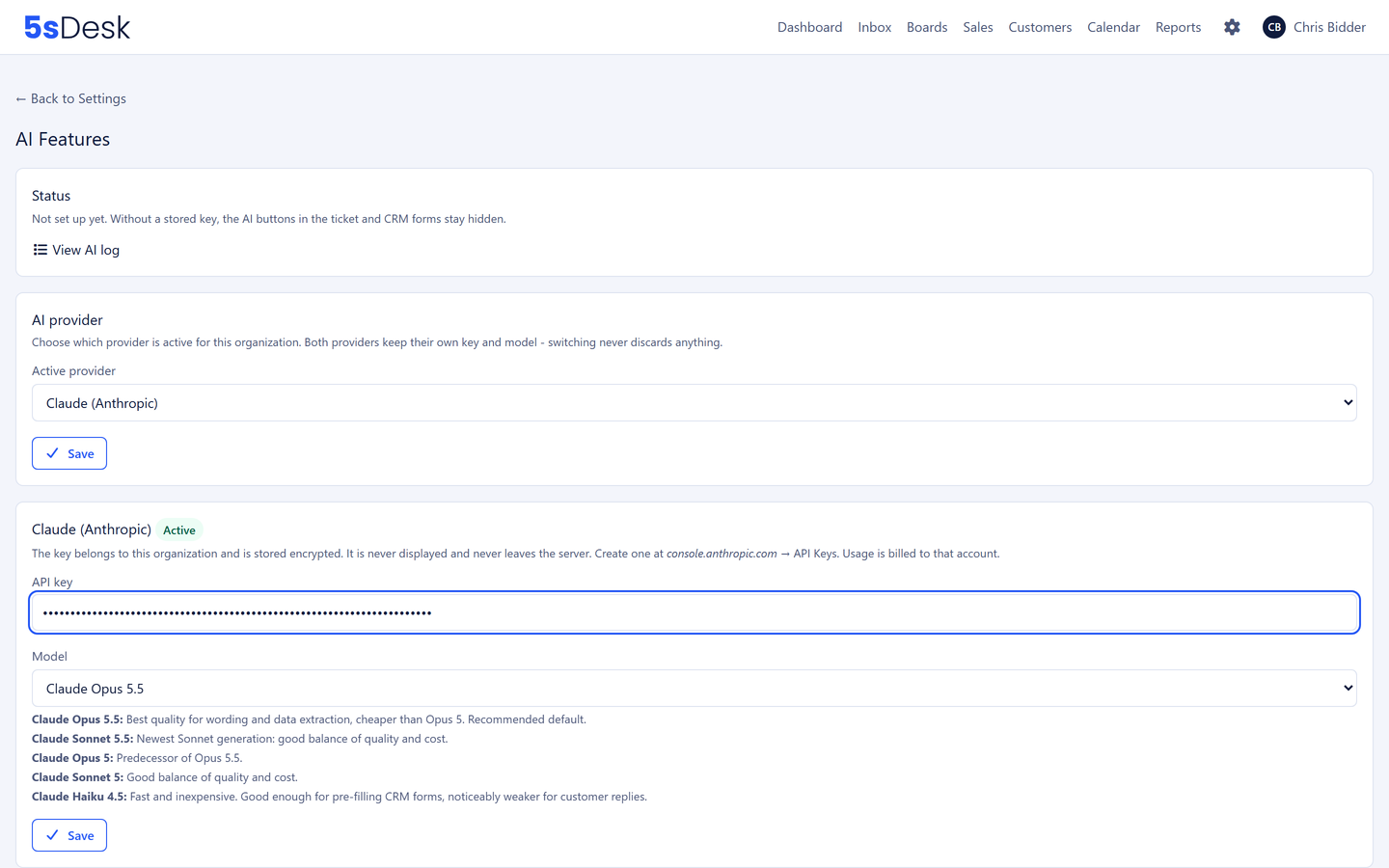 AI settings in 5sDesk with your own key, model choice and usage limits