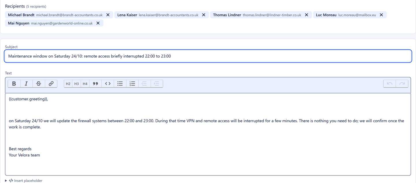 Email to a customer selection with recipient list