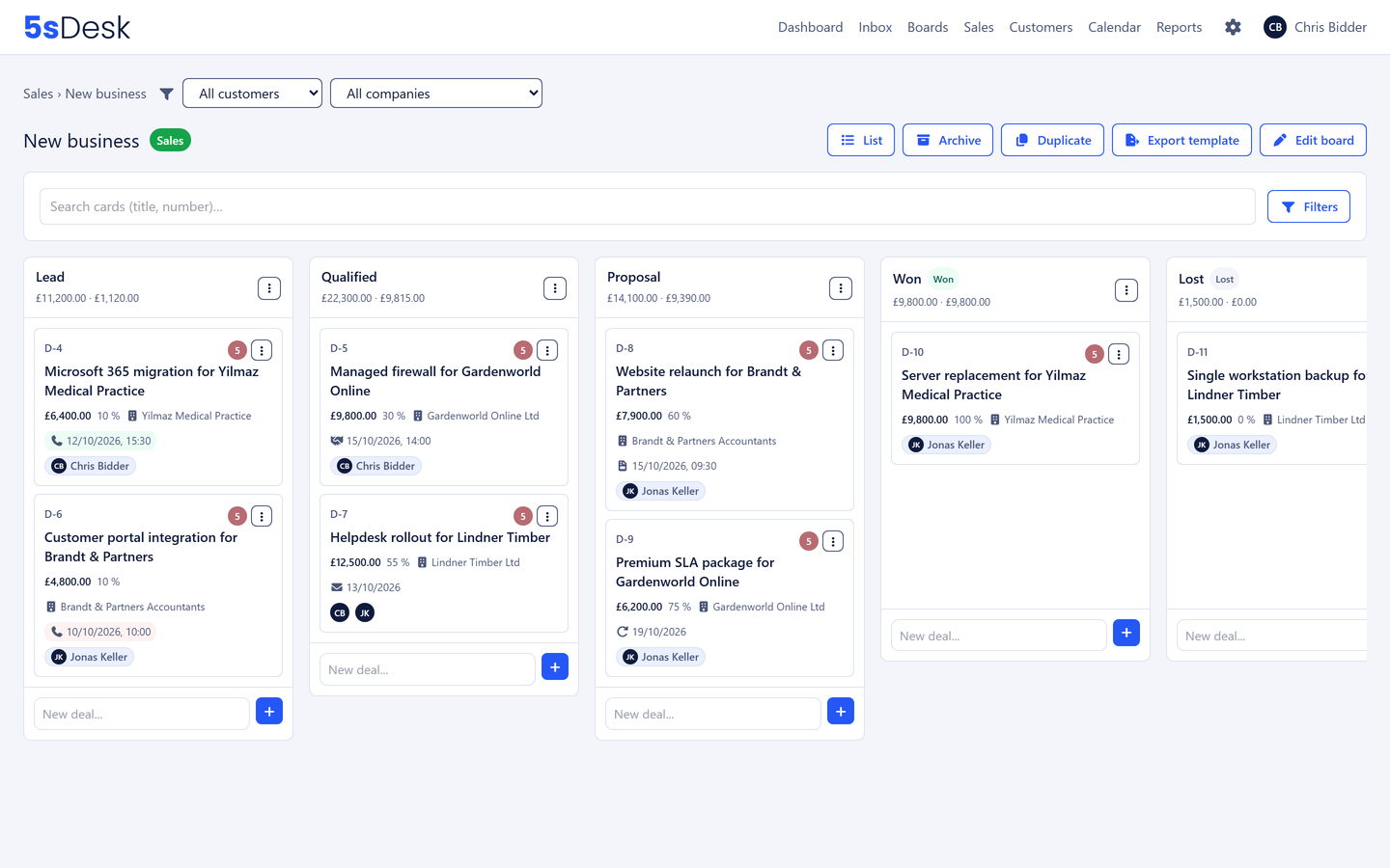 Sales pipeline with stages, column totals and deals with their next action