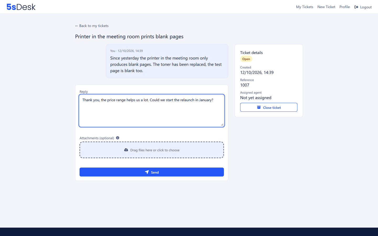 A single ticket in the customer portal with history and attachments