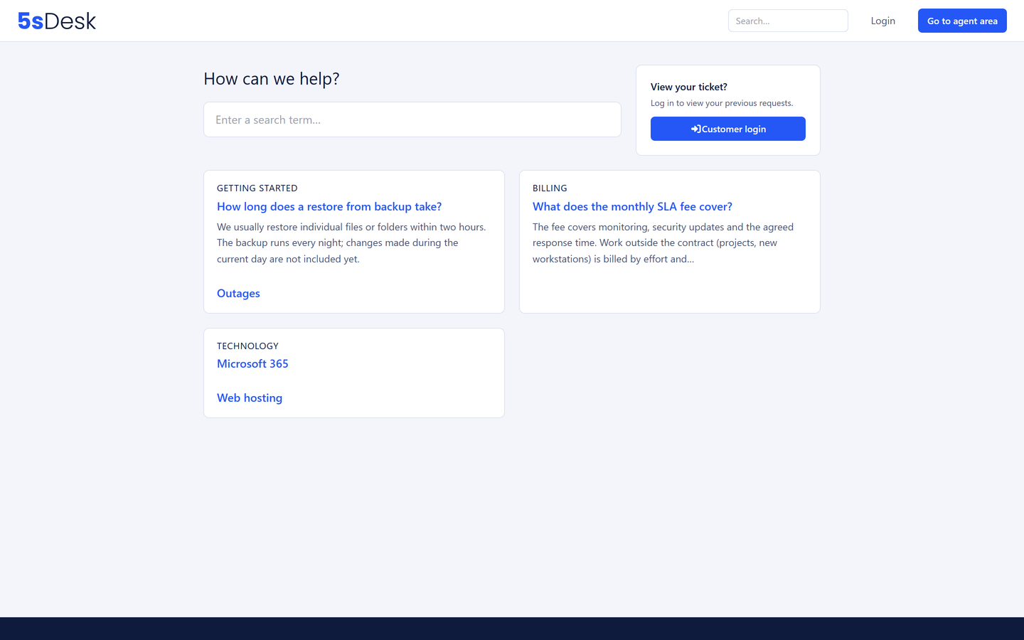 Public help centre with categories and articles