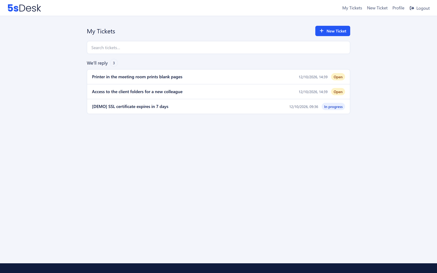 Portal with the status of an internal request