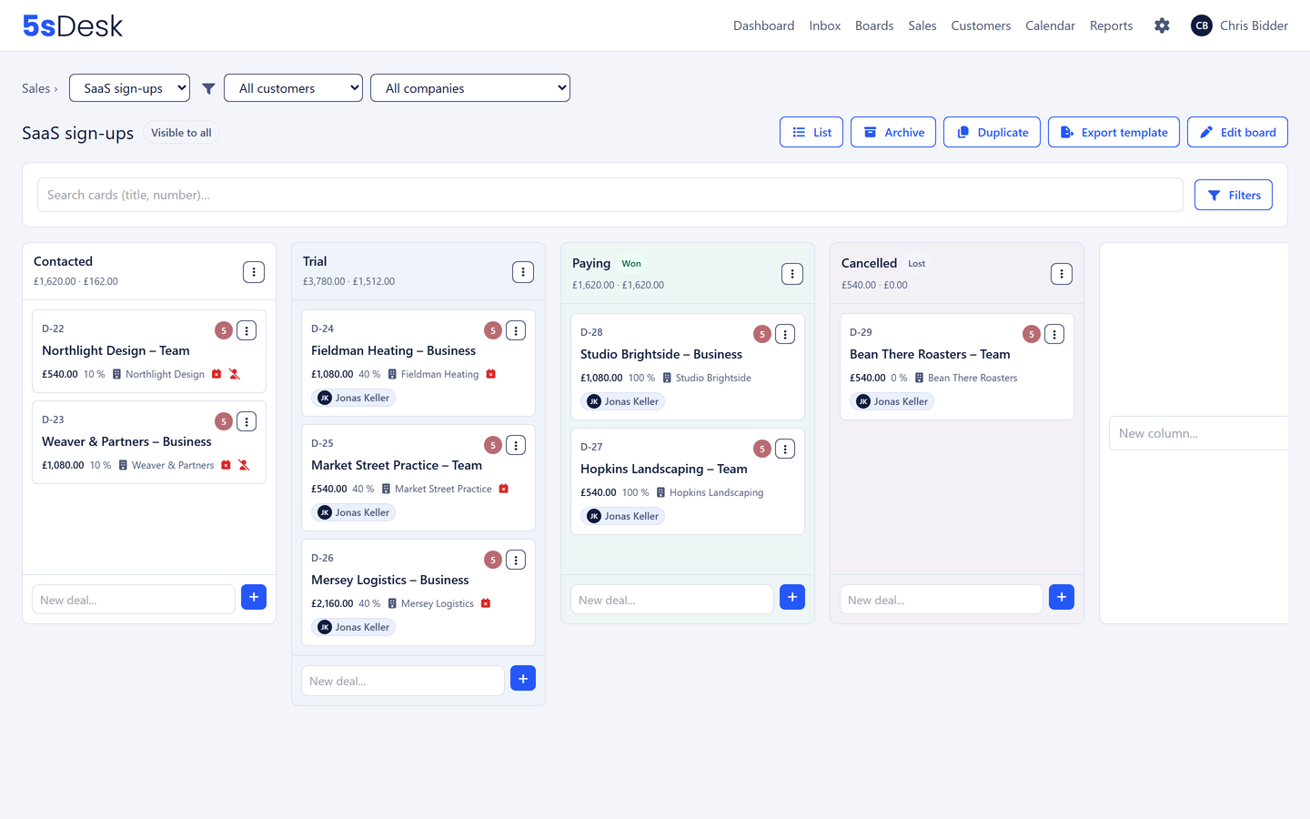 Sales board of a SaaS provider with the columns Contacted, Trial, Paying and Cancelled