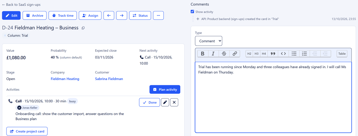 Deal card of a trial customer with value, probability and a history entry via the API