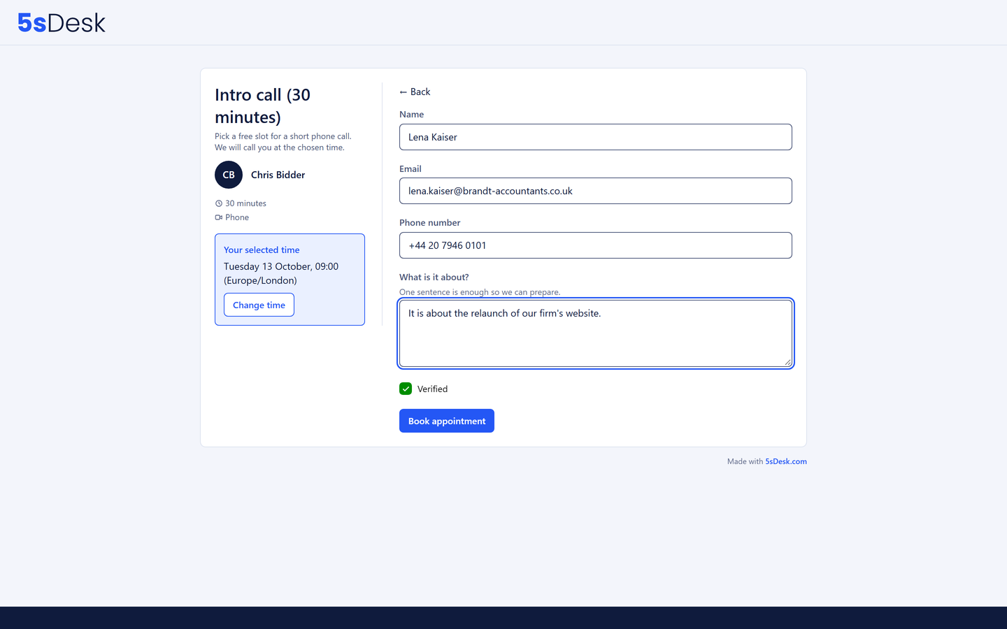 Public booking page with a month calendar and free times