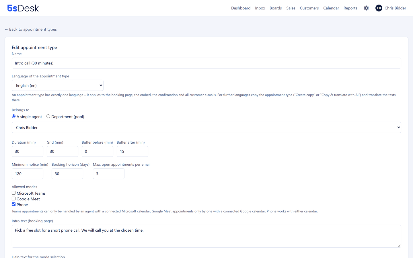 Settings of an appointment type