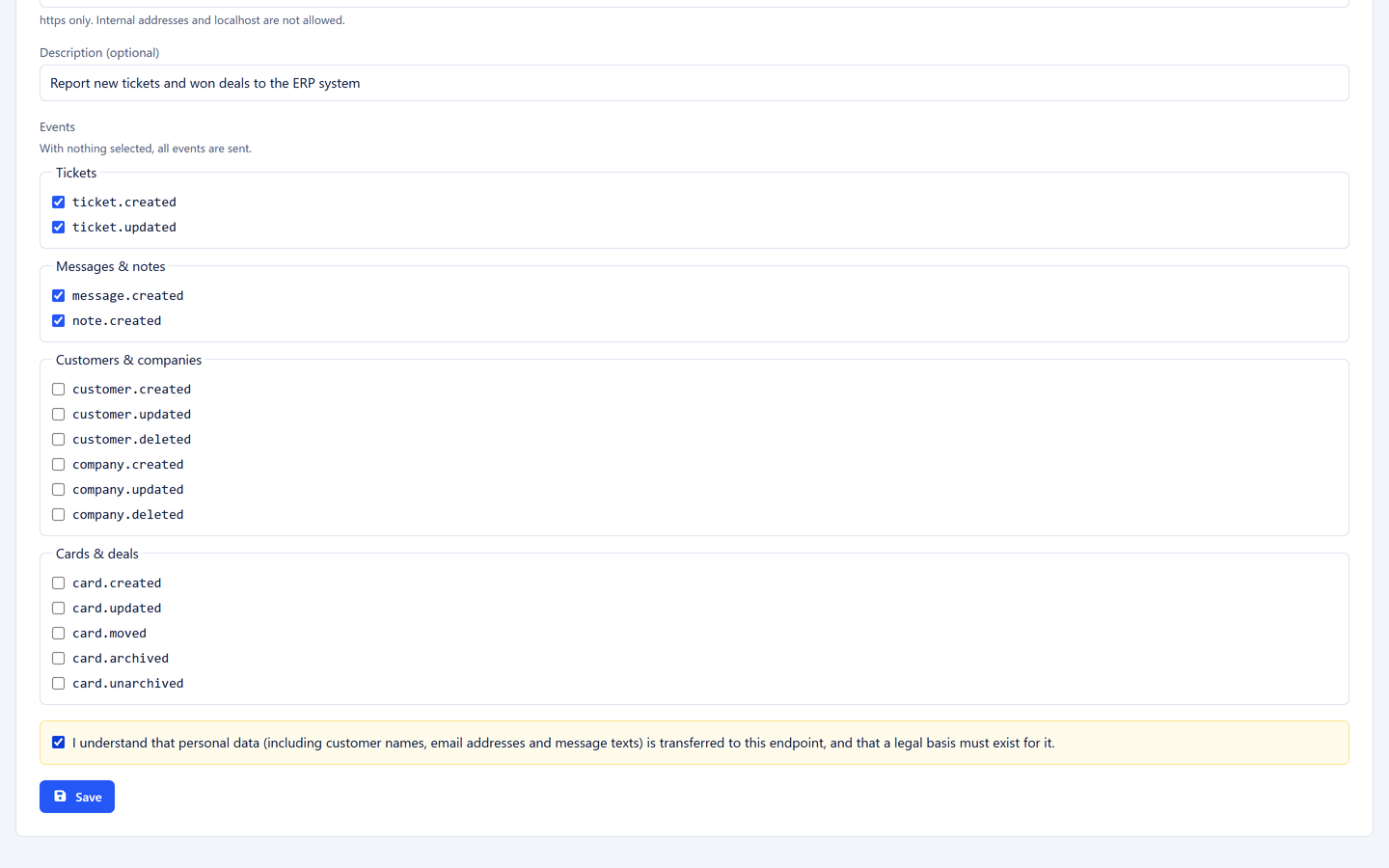 Creating a webhook target with events and a note on the legal basis