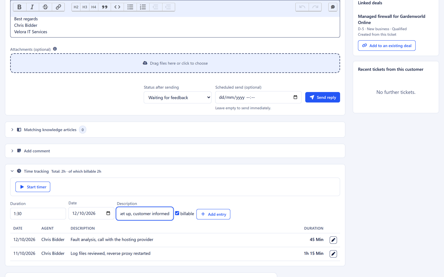 Running timer in the header with a link to the ticket
