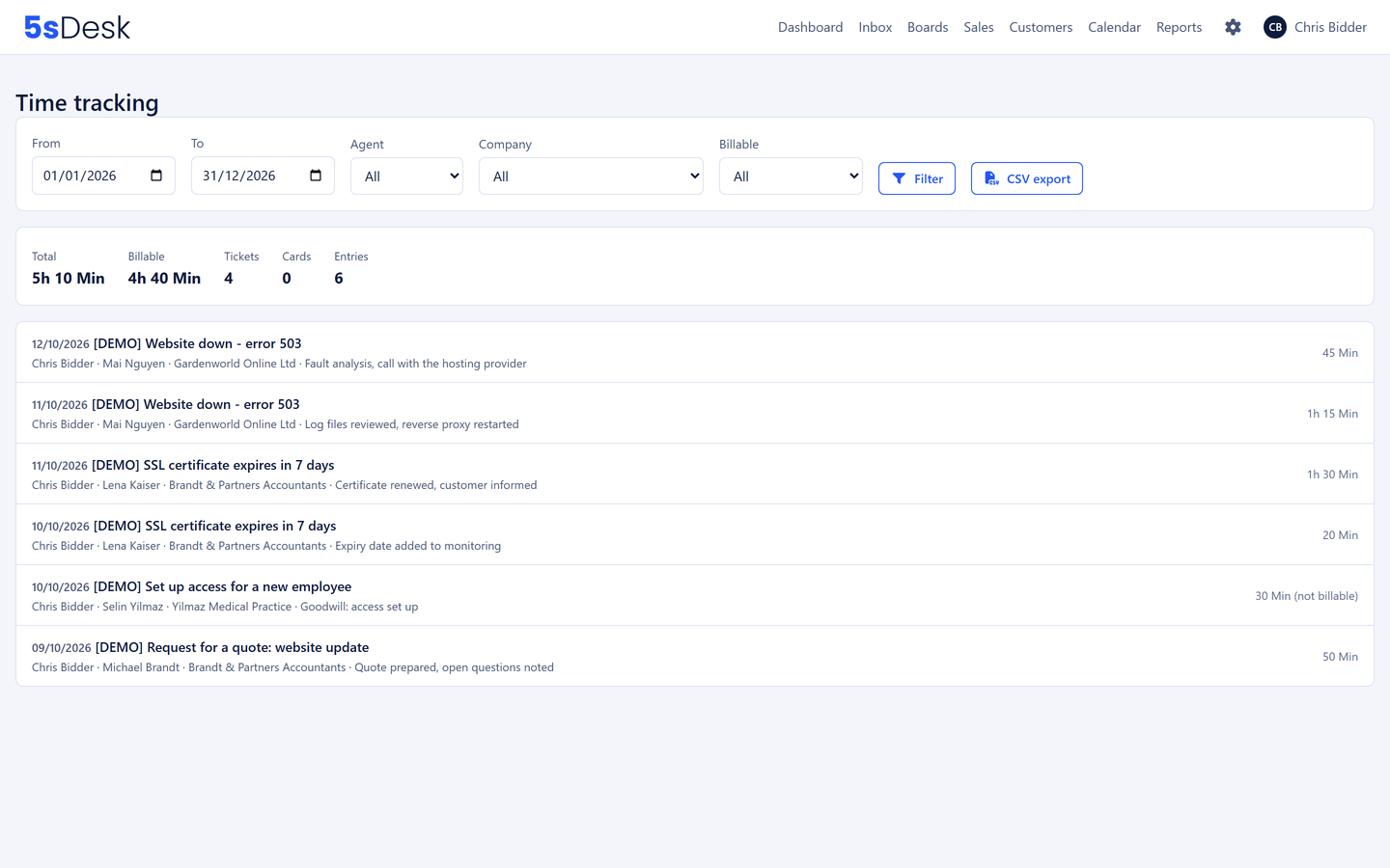 Time reporting with filters by period, person, customer company and billable status