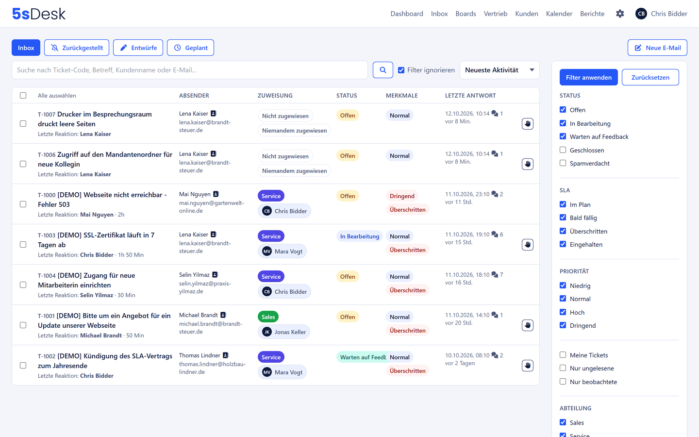 Shared Inbox in 5sDesk mit Zuständigkeit, Status und ungelesenen Vorgängen