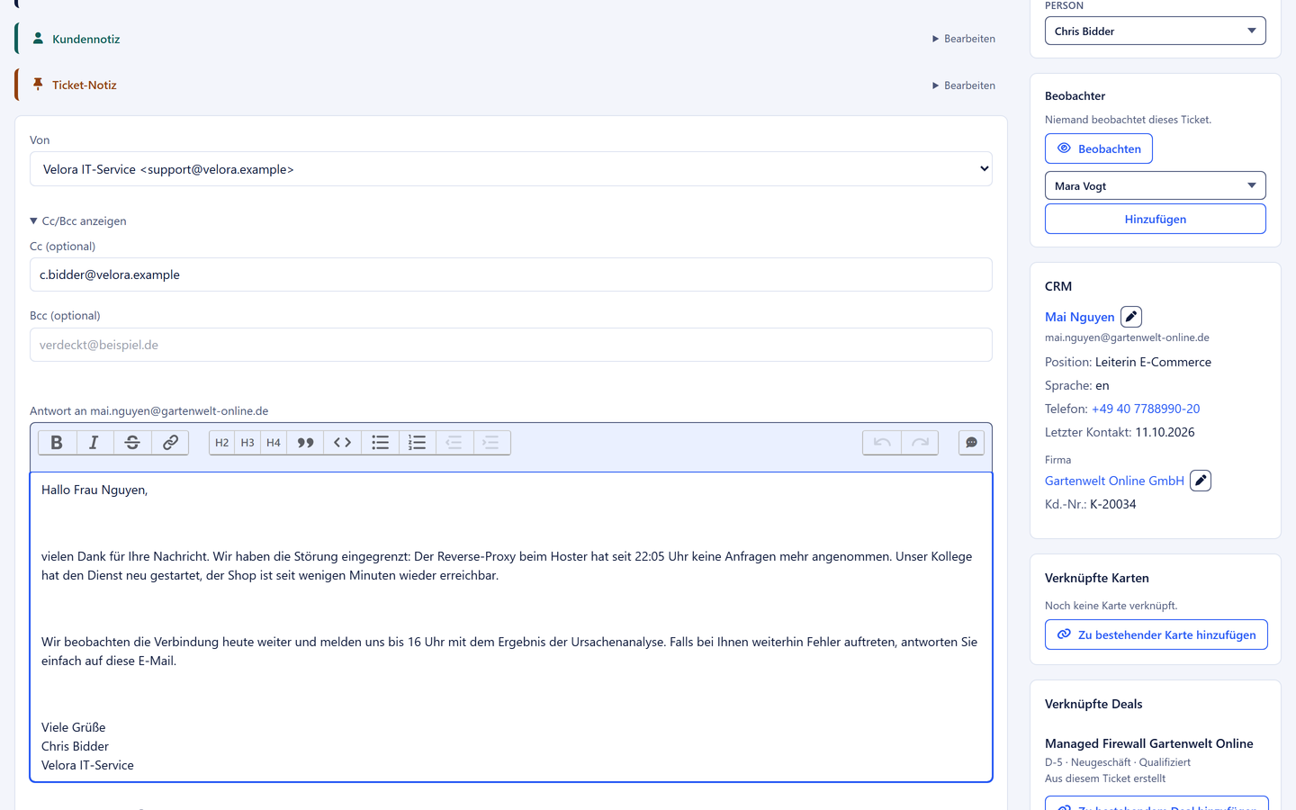 Geöffneter Vorgang in 5sDesk mit Zeitstrahl, Antwortfeld und Kundenhistorie