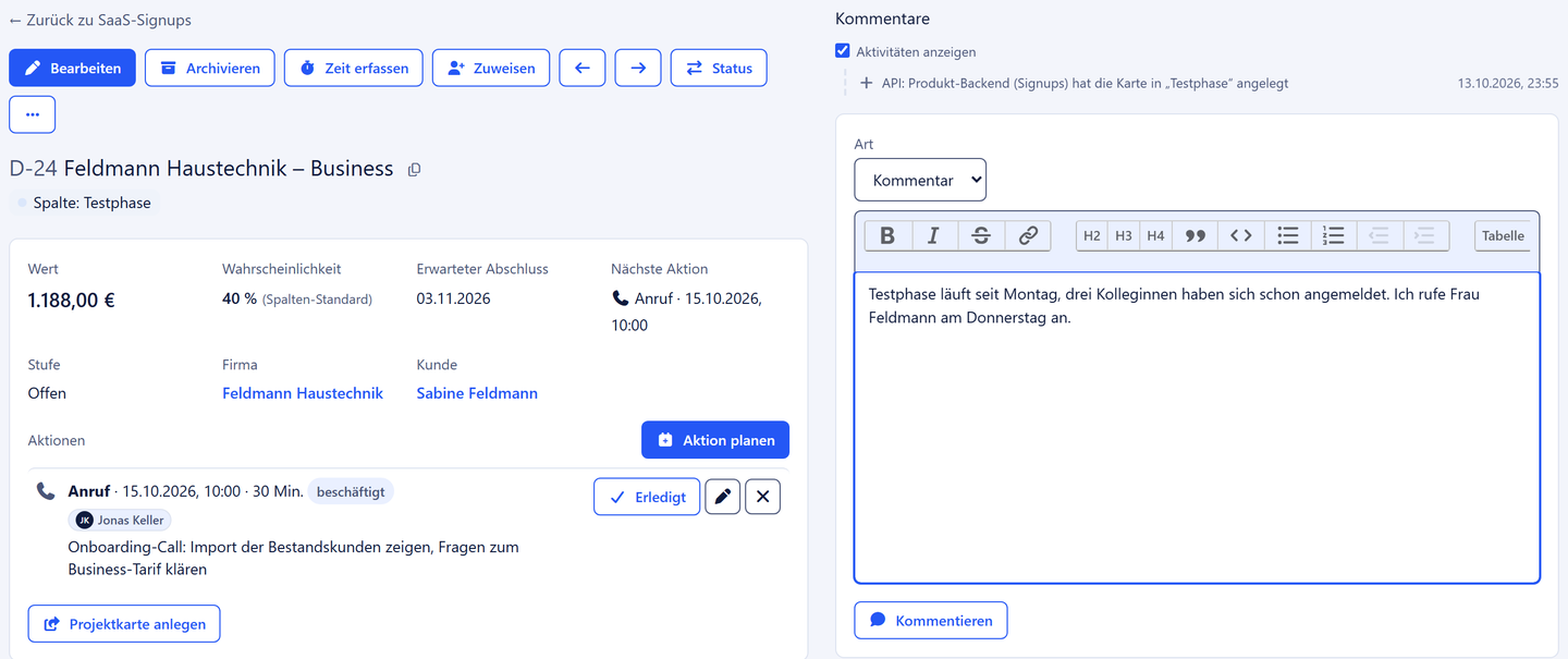 Deal-Karte eines Testkunden mit Wert, Wahrscheinlichkeit und Verlaufseintrag über die API